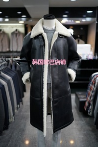 韩国代购ZIOSONGZIO男士21冬黑色翻领羊羔毛保暖中长款皮大衣外套