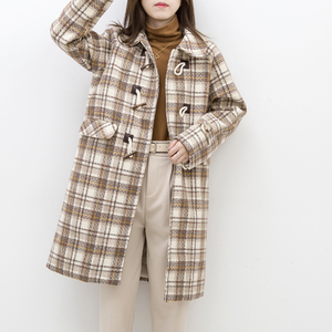 伊豆庭院/早安日记/牛角扣格子毛呢外套女冬季中长款宽松呢子大衣