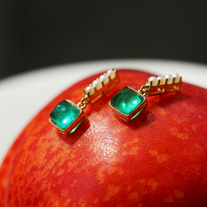 fong fong天然阿富汗巴西祖母绿糖塔18k黄金珍珠古典浓绿明艳耳钉