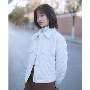白色棉衣棉服女冬季设计感菱形格显瘦小个子短款夹棉外套韩系温柔