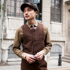soarin独立复古英伦粗花呢西装马甲男 古着拼接西服马夹背心羊毛
