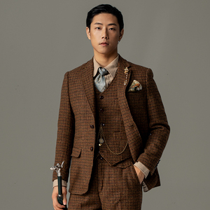 soarin雅痞复古男装纯羊毛西服 英伦千鸟格毛呢商务正装西装外套