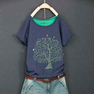 2022夏季新品女装 一棵小树 文艺大码圆领套头全棉t恤女