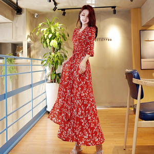 红色超长碎花连衣裙2023夏季新款收腰显瘦气质长裙超仙度假风围裙