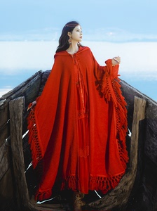 秋冬女装红色斗篷披肩西藏旅游穿搭 草原外套长款披风阿拉伯长袍