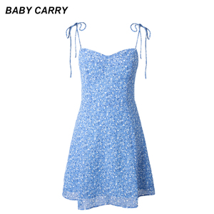 babycarry法式蓝色连衣裙2024夏新系带碎花裙子收腰度假风吊带裙