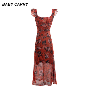 babycarry法式红色连衣裙碎花性感荷叶边refomation性感长裙