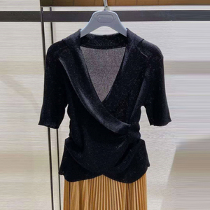 正品哥弟新款女装专柜官网2021夏v领收腰冰丝针织衫短袖t恤女上衣