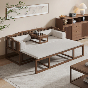 新中式实木罗汉床可推拉式沙发床两用禅意茶室茶桌椅组合客厅家具