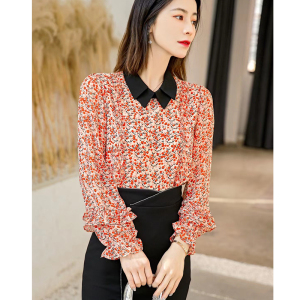 七彩香袖2022春夏新款娃娃领百搭套头雪纺碎花衬衫女长袖时尚衬衣