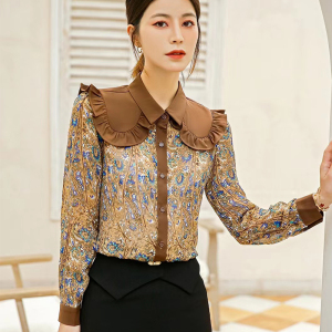 七彩香袖娃娃领雪纺衬衫女长袖2022春季新款印花复古上衣洋气小衫