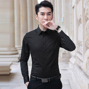 白衬衫男士长袖商务休闲职业免烫弹力韩版修身西装工作服黑色衬衣