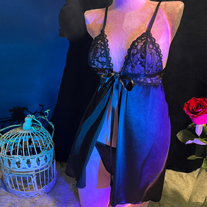 性感睡衣女黑色超短深v迷人蕾丝露背高叉前开蝴蝶结透视网纱睡裙