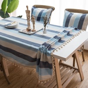 条纹防水桌布地中海风蓝色布艺棉麻小清新餐桌茶几桌布垫