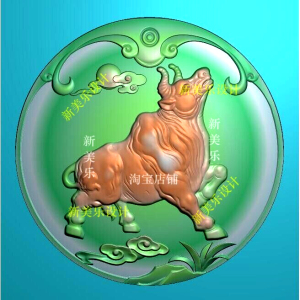 精雕图圆牌牛机雕图山水牛气冲天玉雕图扭转乾坤十二生肖牌动物