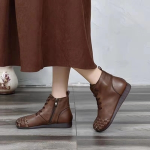 景本色新品个性森系原创手工舒适平底复古棉麻风女鞋马丁靴20230