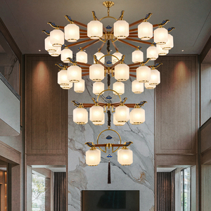 全铜新中式复式楼大吊灯别墅楼中楼客厅大灯实木中国风挑高楼梯灯