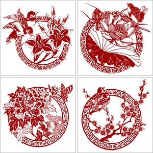 春夏秋冬4幅剪纸课窗花剪纸图样手工刻纸花鸟图案刻画电子版素材