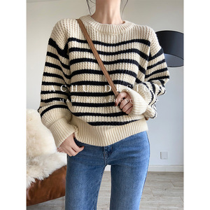 achu黑白条纹毛衣女厚粗毛线宽松圆领针织打底衫内搭2020秋冬新款