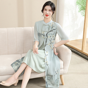 中国风连衣裙洋气质妈妈夏装新中式改良旗袍中老年女遮肚显瘦裙子