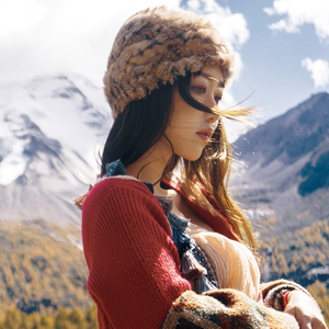 网红秋冬毛毛绒草原雪地帽新疆西藏旅游拍照穿搭保暖兔毛包头帽子
