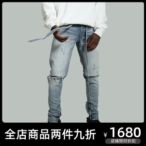 fear of god破洞牛仔裤第六季主线飘带高街fog宽松休闲长裤子潮