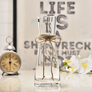 北欧创意束腰玻璃花瓶 麻绳蝴蝶结透明水培容器客厅清新花插摆件
