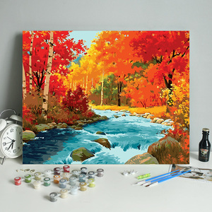 数字油画diy填充秋天乡村风景红树叶森林河流装饰手工填色油彩画