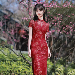 红色中长款改良旗袍裙礼服敬酒服2022新款夏年轻少女款复古中国风