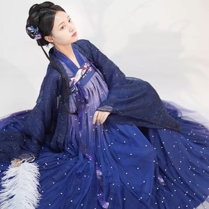 汉服出租鲸鹿原创《月夜锦》两片齐胸襦裙星空烫金珍珠汉服