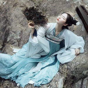 s正版汉服出租 钟灵记 般若大袖齐胸襦裙对襟齐腰汉服女荷花青色