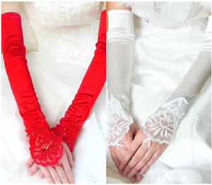 新娘婚纱礼服手套扣指蕾丝长款过肘红色加长露指结婚秋冬缎面手套