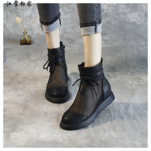 靴子女夏天镂空网纱网眼真皮女鞋软底软皮薄款透气厚底内增高凉靴