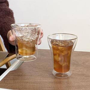 简约双层隔热透明玻璃杯耐冷热咖啡杯创意水杯果汁杯牛奶杯茶杯子
