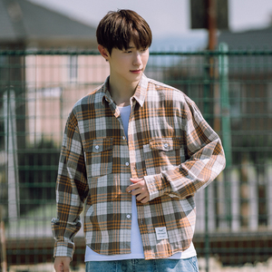 听风春季日系休闲格子衬衣男学生帅气纯棉衬衫外套潮流帅气格子衫