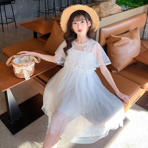 女童白色公主裙网纱蕾丝10裙子13中大童2022新款12岁女孩夏装纱裙