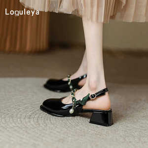 Loguleya2024年春季珍珠一字式扣带单鞋丝带中跟粗跟包头后空凉鞋