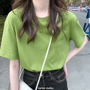 余港牛油果绿色t恤女夏季纯棉短袖韩版圆领纯色基础款设计感上衣