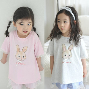 24夏韩国童装正品代购包邮 儿童小童可爱兔短袖女宝宝蕾丝袖口长T