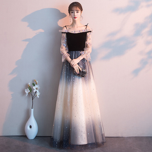 晚礼服女2018新款宴会年会礼服黑色长款星空纱裙气质主持人聚会冬