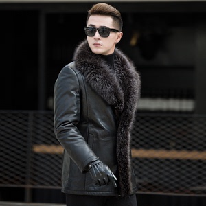 海宁貉子毛领皮毛一体男真皮皮衣男士修身短款皮夹克皮草厚外套男
