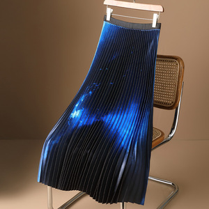 韩国星空深蓝百褶裙女春秋新款缎面华丽宴会礼裙金丝绒半身裙长裙