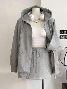韩国慵懒风灰色卫衣连帽开衫套装女春秋新款宽松外套+运动半身裙
