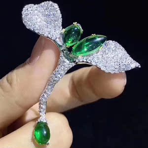 仿绿宝石叶子胸针优雅精致高档胸花纯银韩版女小香风别针百搭气质