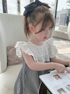 女童花边蕾丝格子连衣裙夏季2024新款小儿童宝宝洋气短袖公主裙子