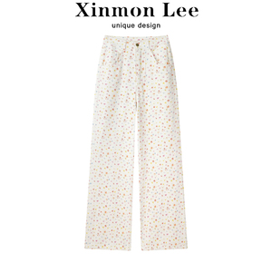 XinmonLee白色森系碎花直筒牛仔裤夏季女高腰宽松显瘦气质阔腿裤