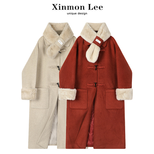 XinmonLee韩系中长款毛呢外套女冬季夹棉加厚牛角扣呢子红色大衣