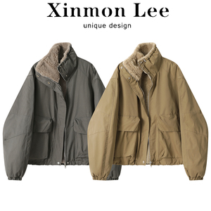 XinmonLee复古工装长袖羊羔毛外套女冬季加绒加厚棉服上衣小个子