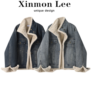 XinmonLee慵懒风复古牛仔毛毛外套冬季加绒加厚宽松气质夹克上衣
