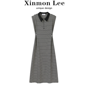 XinmonLee高级感气质垫肩无袖条纹连衣裙夏季休闲气质显瘦长裙女